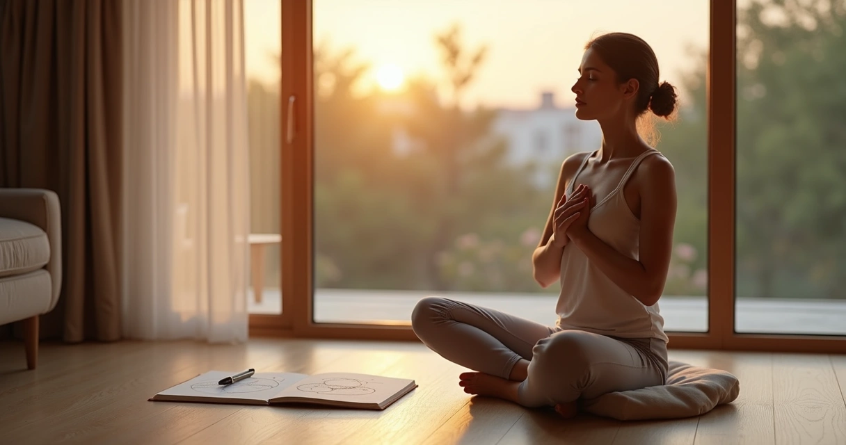 Mulher sentada em meditação junto à janela escrevendo sobre sua auto-observação diária 