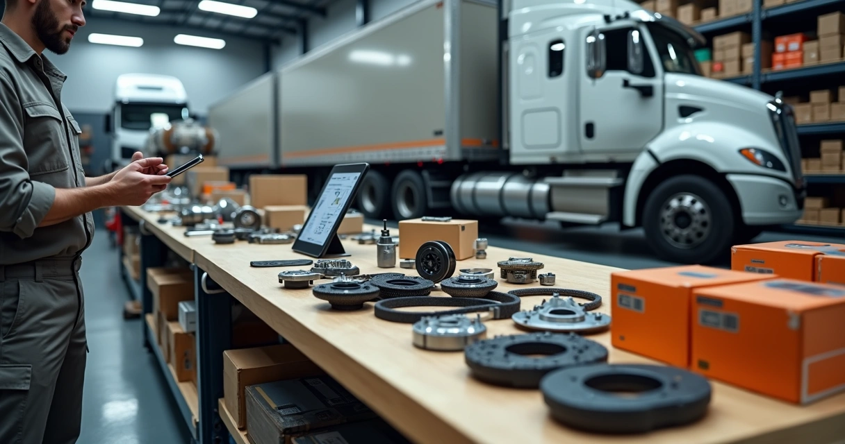 Mecânico conferindo autopeças de caminhão em bancada de oficina 