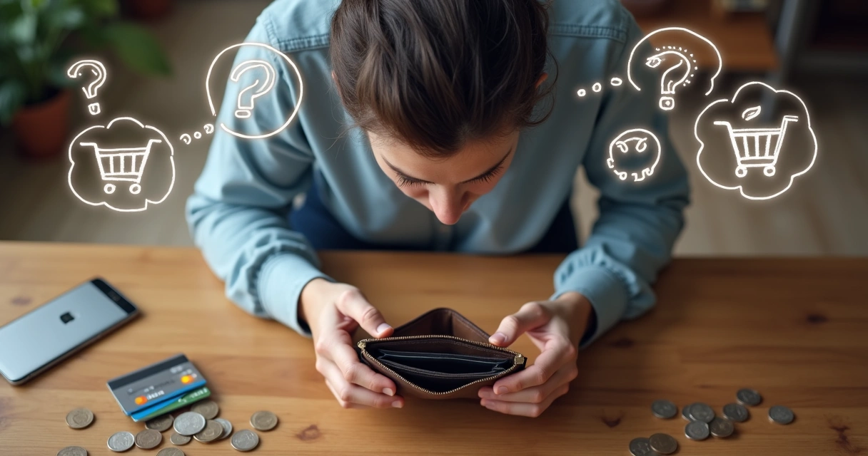 Pessoa olhando para carteira com moedas ao lado, mostrando dúvidas e pensamentos.