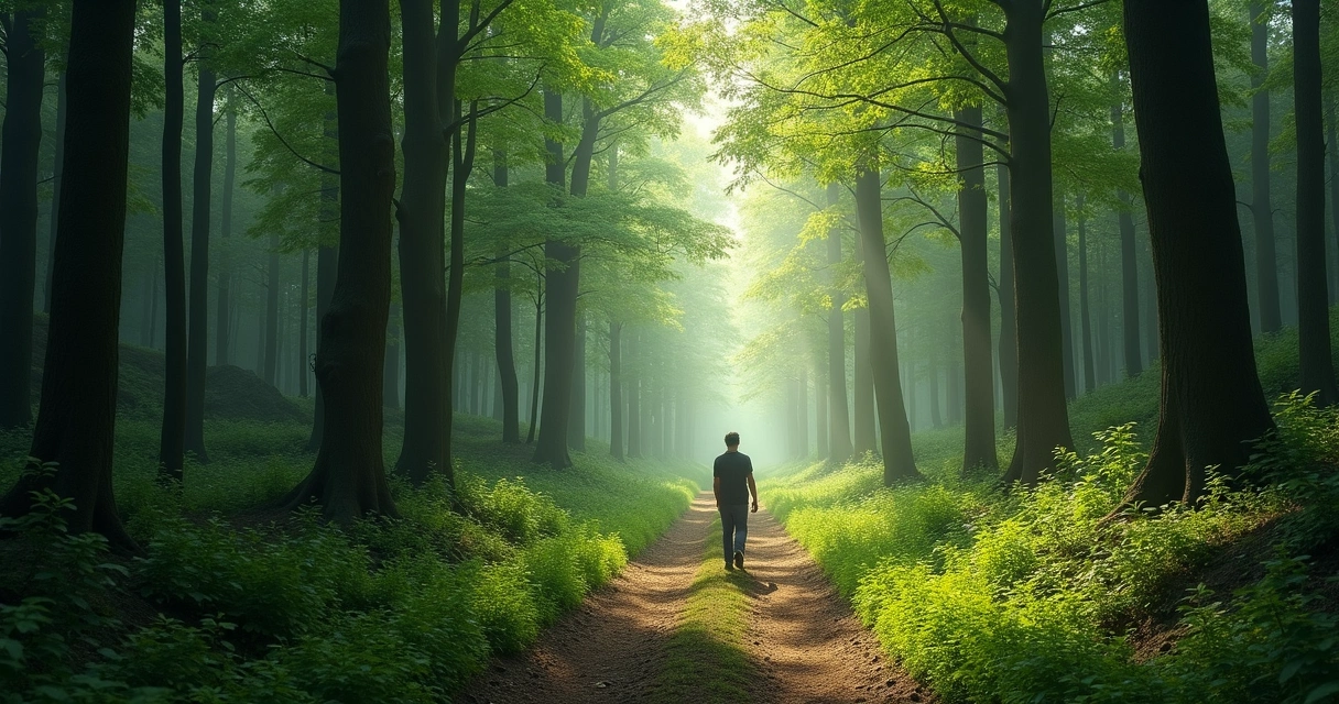 Pessoa caminhando sozinha por um caminho na floresta, transmitindo introspecção e serenidade 