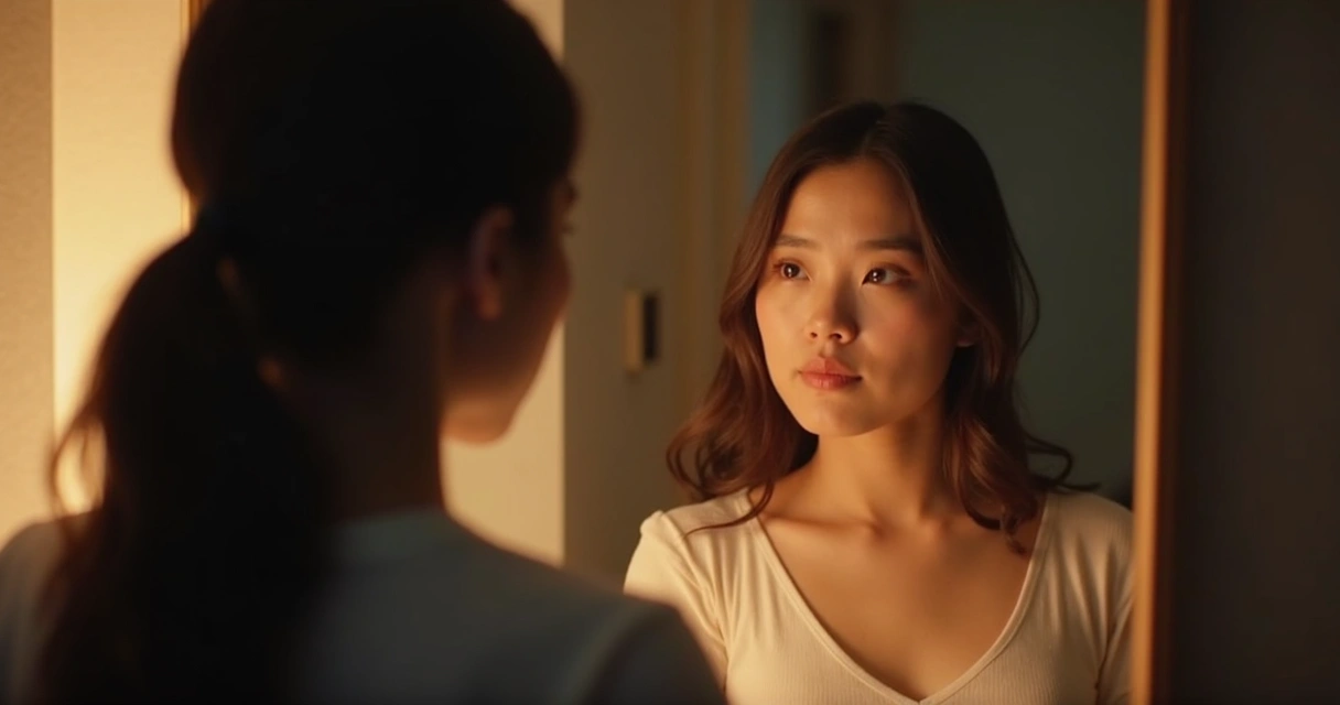 Pessoa olhando para si mesmo no espelho, expressão serena e reflexiva. 