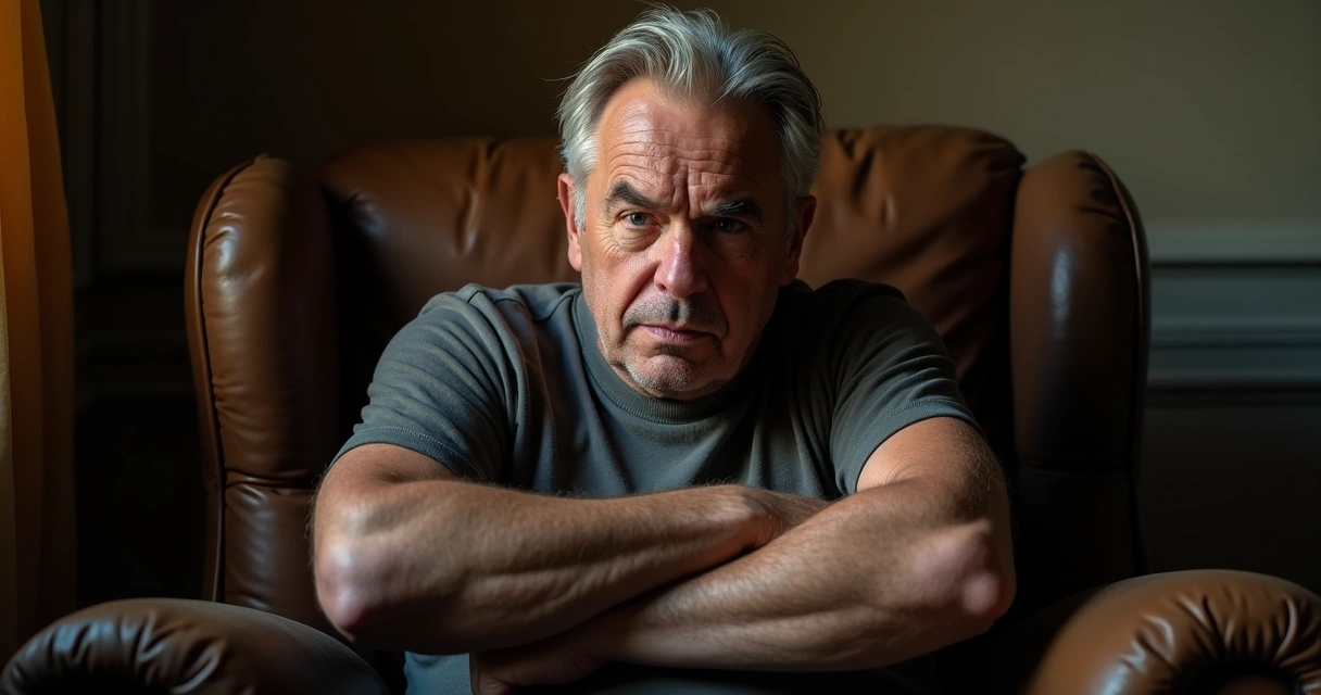 Adulto sentado em uma poltrona, em postura fechada, com expressões que misturam defesa e reflexão, luz suave focando no rosto 