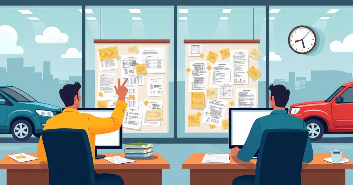 Illustration of car sales team using manual spreadsheets with many configuration options and confusion around pricing. 