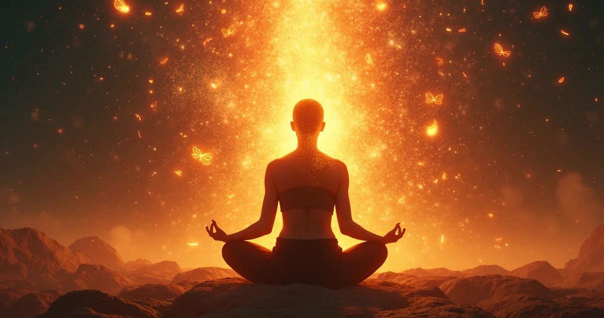 Pessoa sentada em posição meditativa, rodeada de fragmentos se unindo ao corpo 