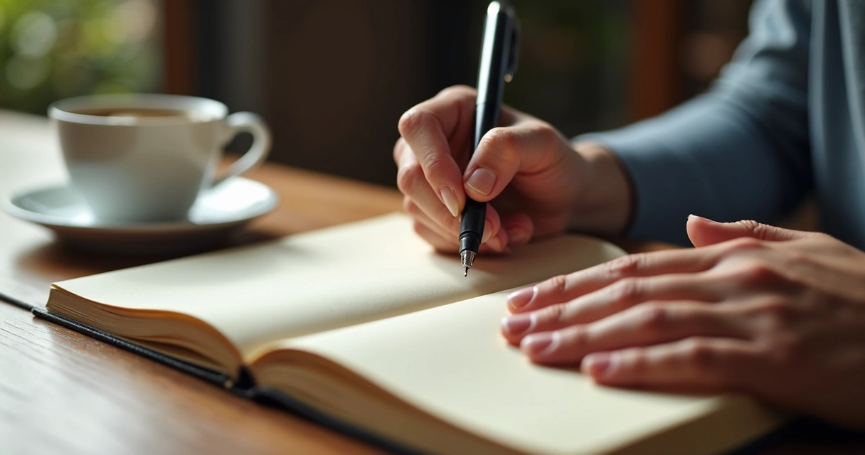 Mãos escrevendo em diário, simbolizando auto-reflexão 