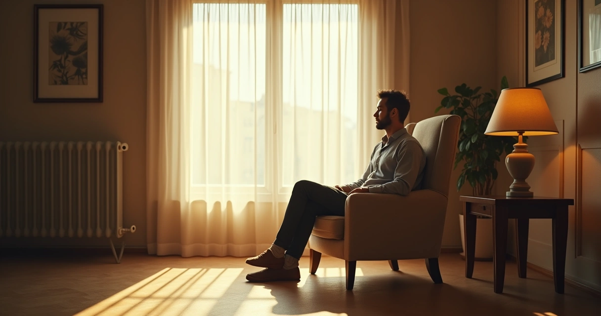 Homem sentado em poltrona olhando pela janela 