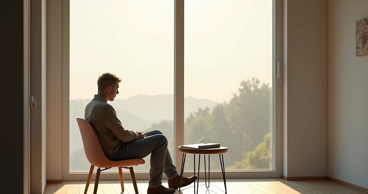 Persona adulta sentada en silencio frente a una ventana iluminada 
