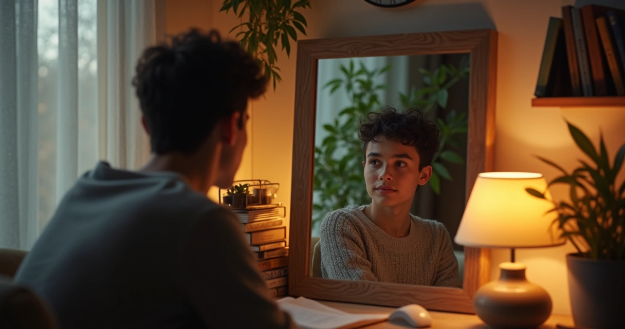 Joven reflexionando frente a un espejo en una habitación tranquila