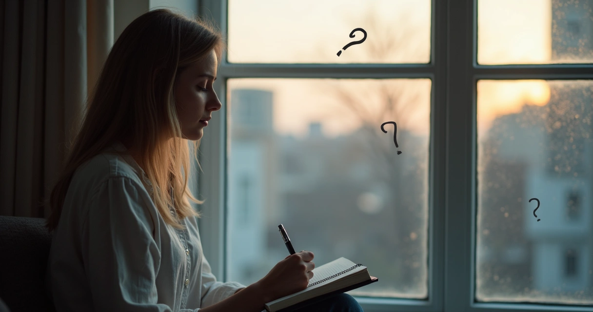 Persona escribiendo en un cuaderno con símbolos de reflexión a su alrededor 