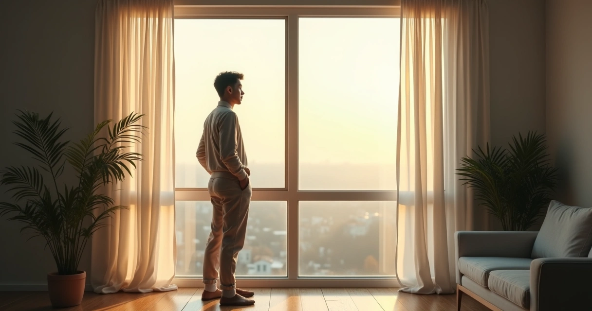 Pessoa refletindo sozinha olhando pela janela, transmitindo sensação de auto-respeito