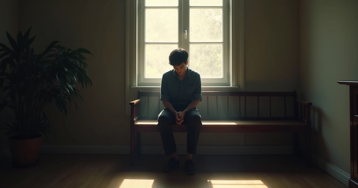 Pessoa sentada sozinha olhando para baixo em ambiente fechado 