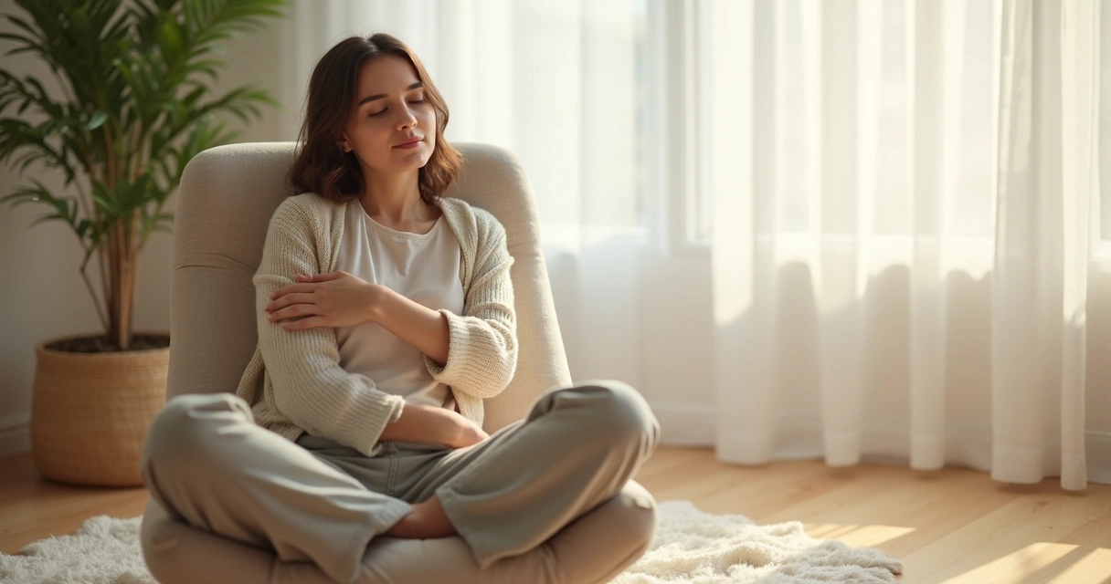 Pessoa dando um autoabraço sentada em ambiente acolhedor 