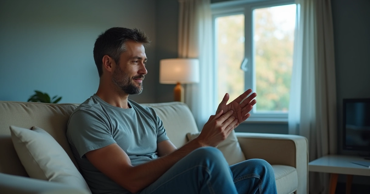 Homem sentado no sofá olhando para as próprias mãos, em postura de reflexão tranquila 