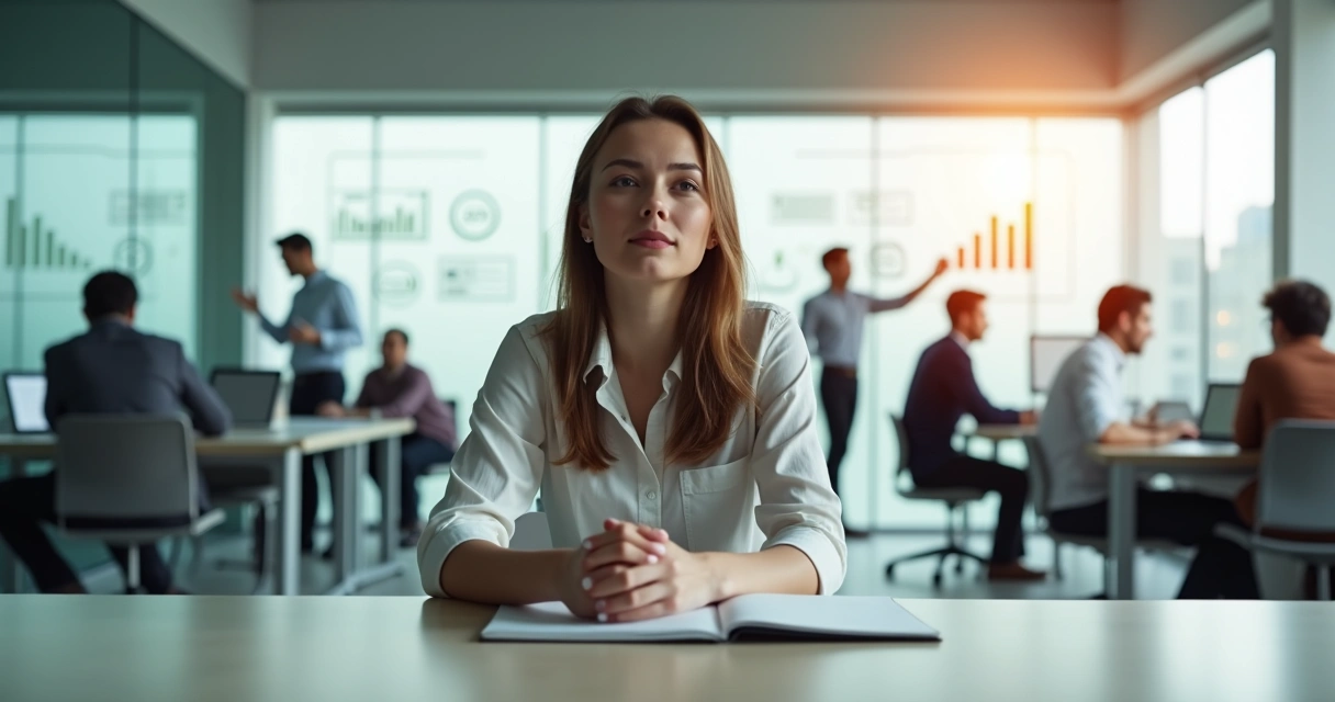 Profissional sentado em meio a colegas em escritório competitivo em postura calma e confiante 