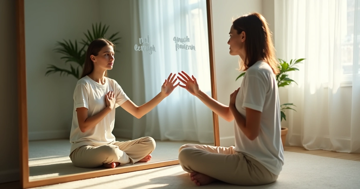 Pessoa sentada diante do espelho tocando o próprio reflexo em gesto de acolhimento 