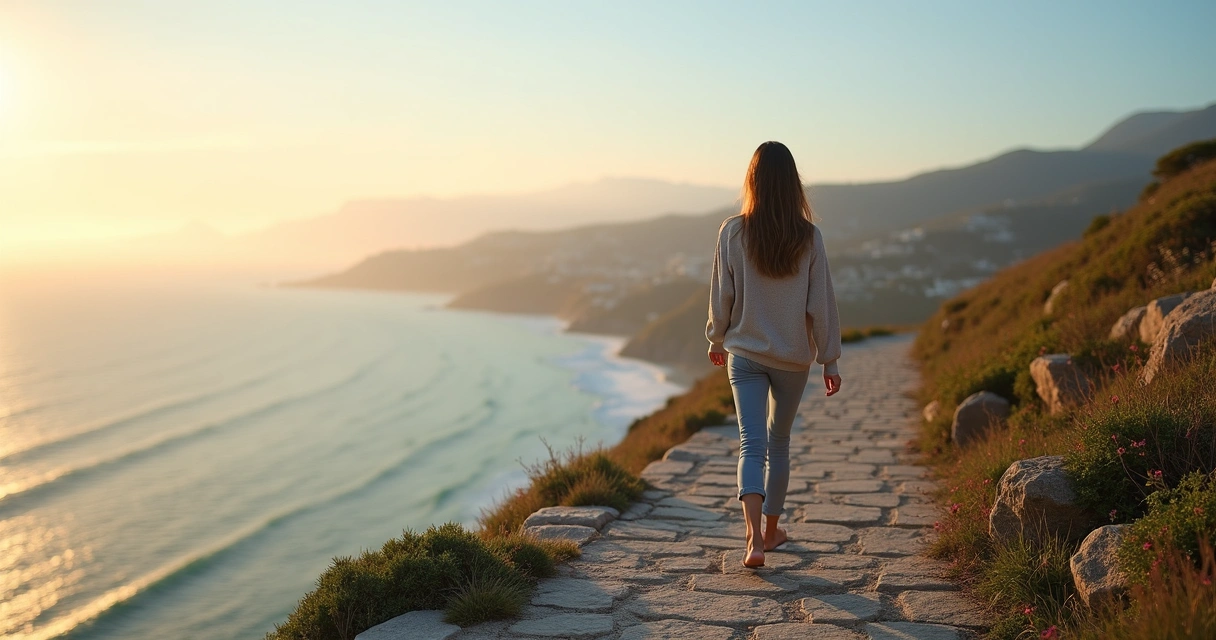 Pessoa caminhando sozinha por trilha em penhasco com paisagem ampla ao fundo 