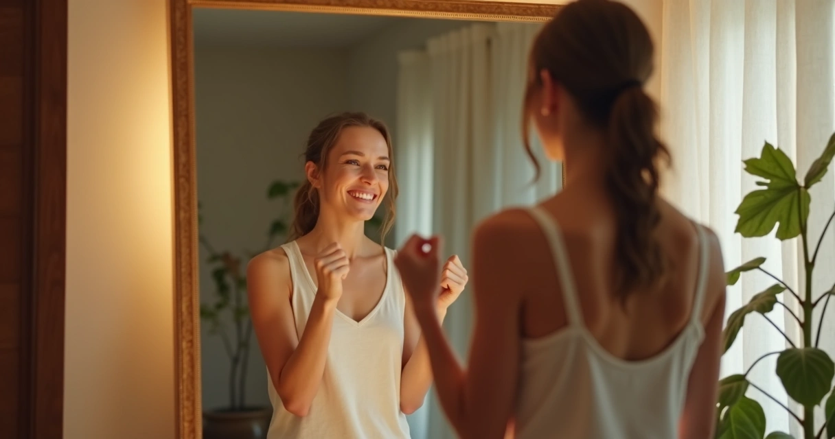 Pessoa sorrindo em frente ao espelho, fazendo gesto de vitória com a mão 