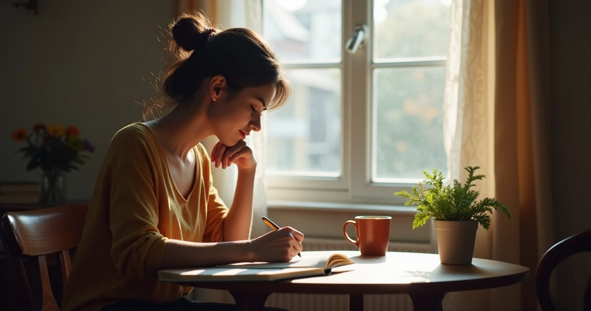 Pessoa escrevendo em um diário sentada ao lado de uma janela 