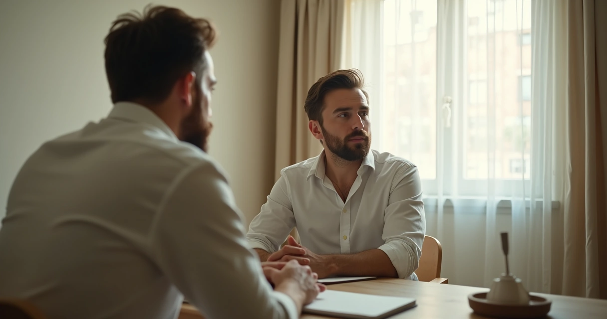 Homem olhando para um espelho com expressão introspectiva, refletindo sobre suas emoções, em ambiente suave e claro 