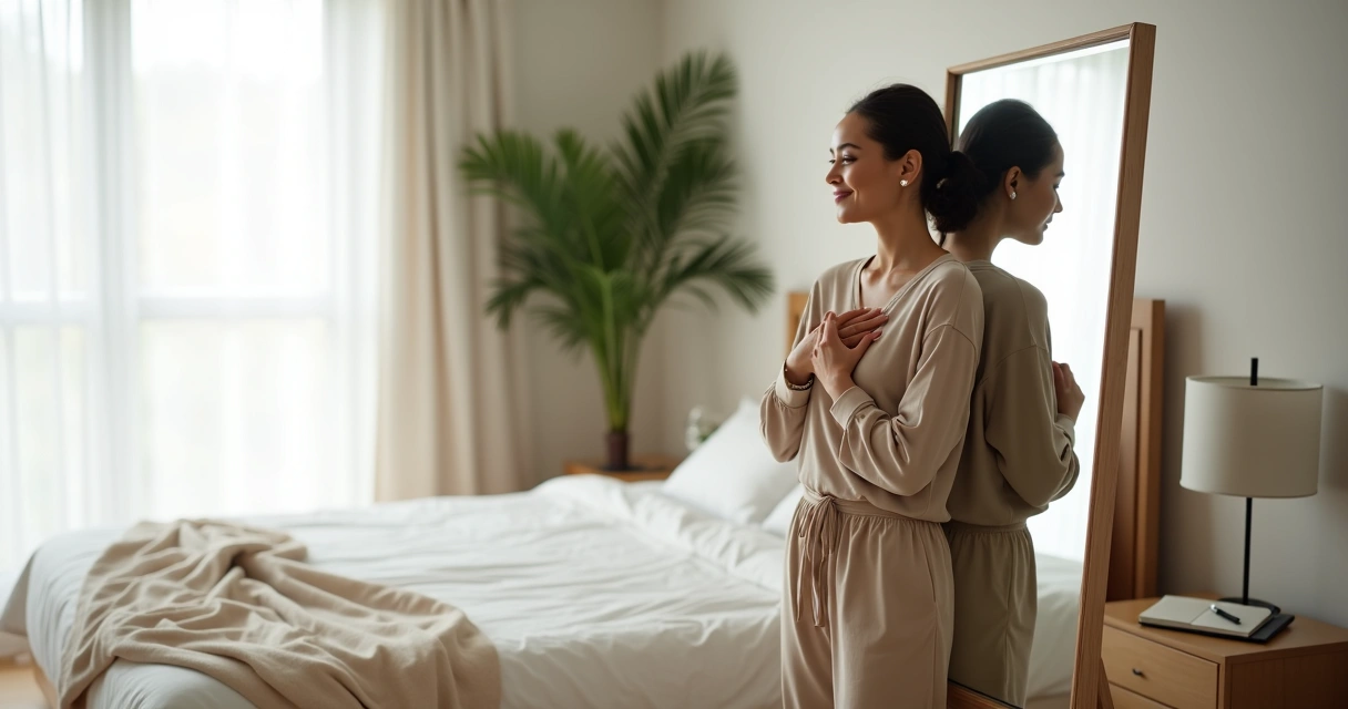 Mulher adulta se olhando no espelho com expressão serena de autoaceitação 