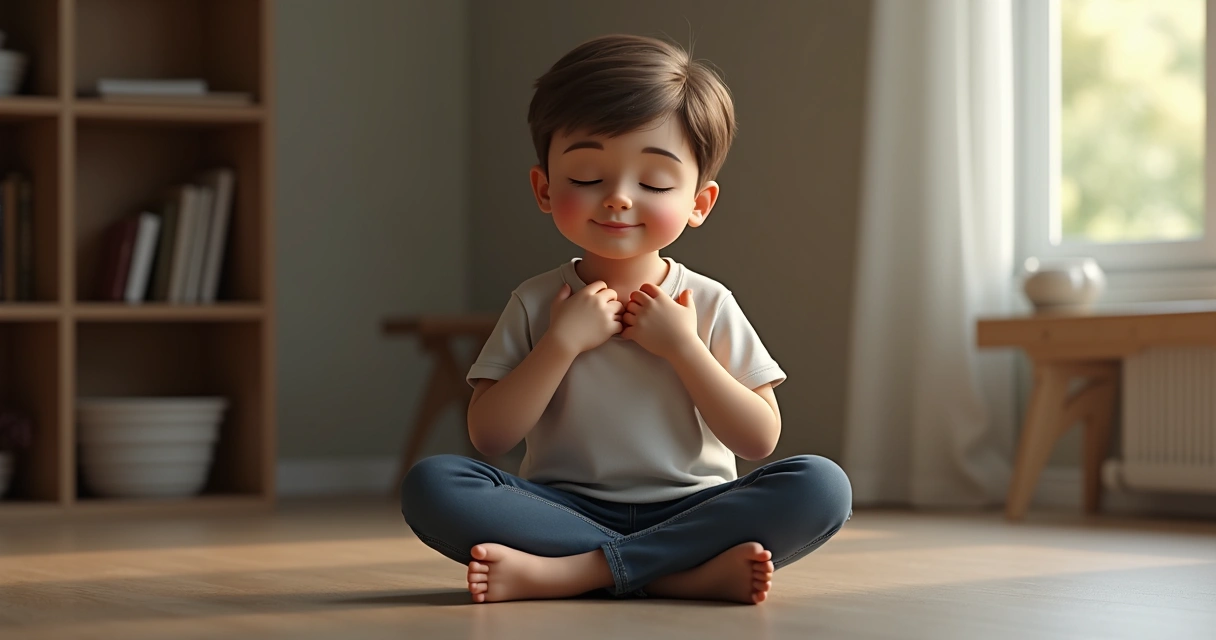 Pessoa de olhos fechados em posição de meditação, leve sorriso, mãos sobre o peito, sentada no chão de madeira, fundo desfocado com luz suave. 