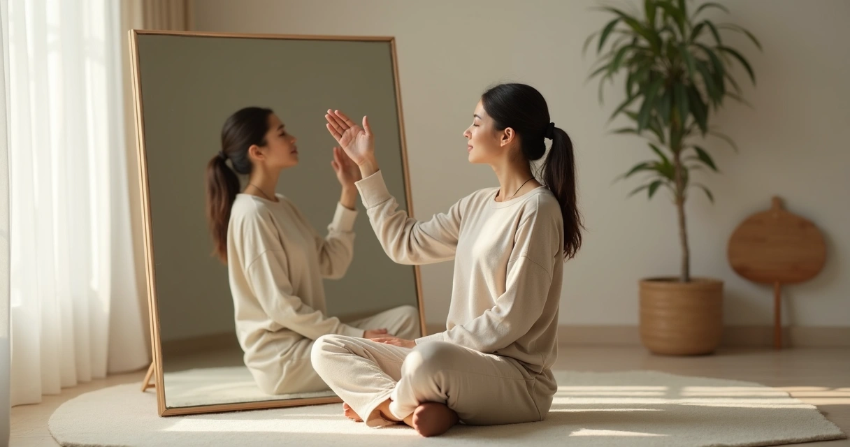 Pessoa sentada em frente ao espelho tocando o próprio reflexo com expressão serena 
