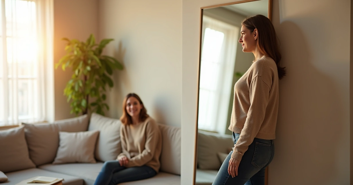 Pessoa se olhando no espelho sorrindo levemente com outra pessoa ao fundo em atitude de apoio 