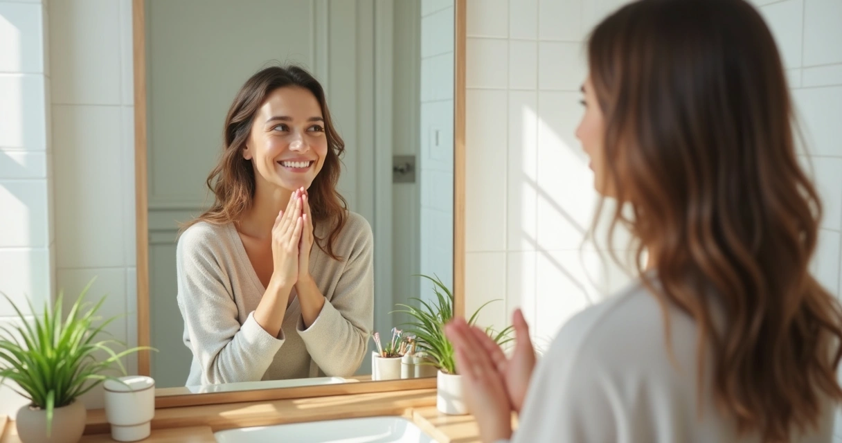 Pessoa olhando no espelho sorrindo para si mesma 