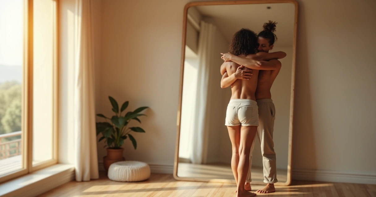 Persona frente al espejo abrazando su propio reflejo en un entorno tranquilo 