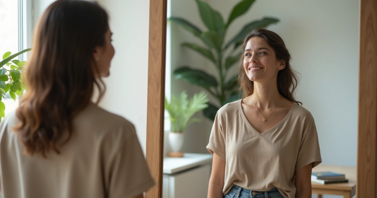 Mujer frente al espejo con un reflejo sereno a la izquierda y uno inseguro a la derecha 