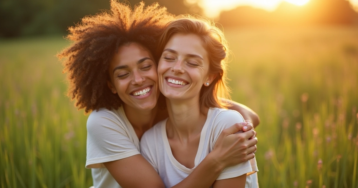 Mulher de olhos fechados sorrindo e abraçando a si mesma em ambiente natural 