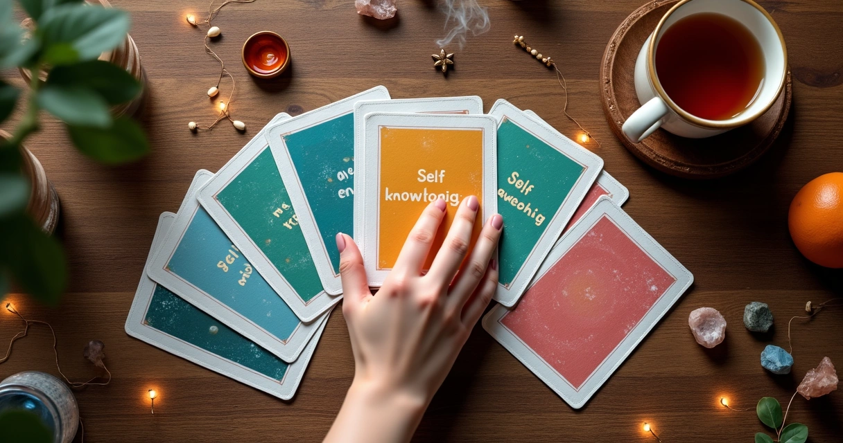 Baralho de cartas de autoconhecimento espalhado sobre a mesa com luz suave 