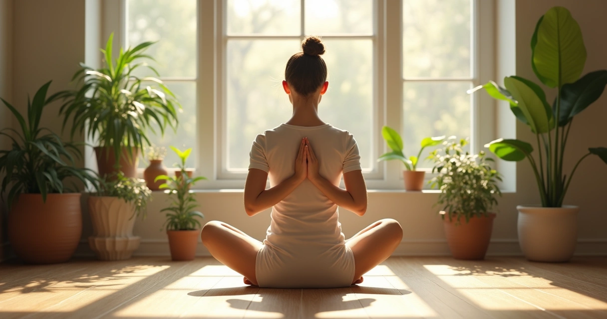 Pessoa sentada em ambiente tranquilo olhando para si mesma com ternura. 