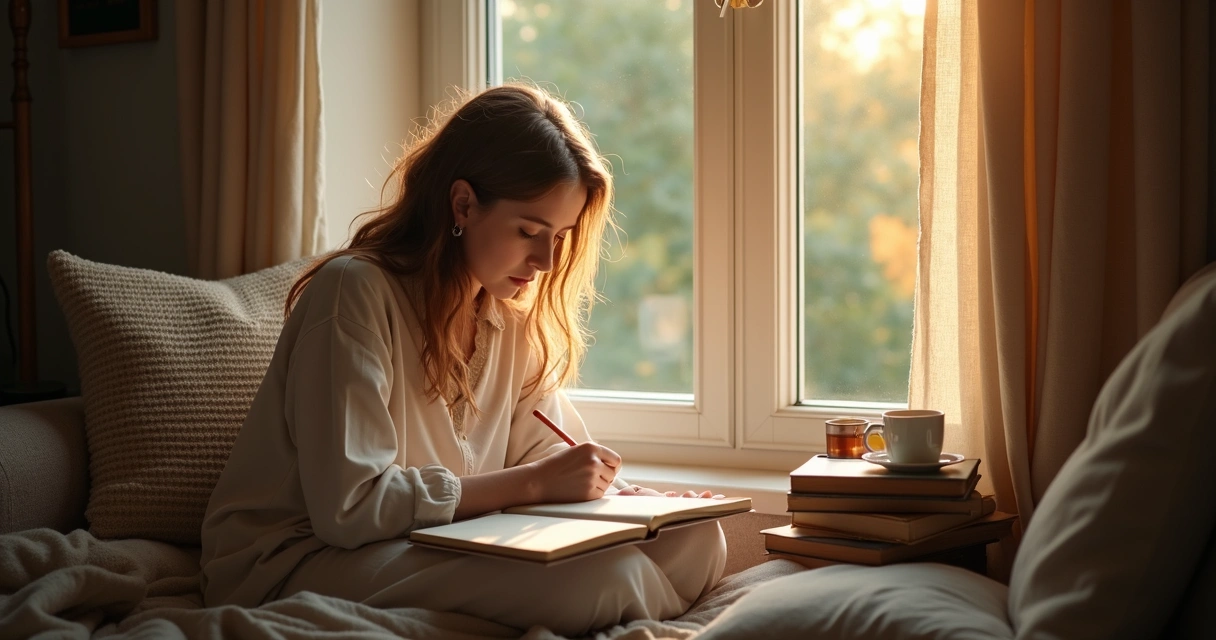 Pessoa sentada refletindo em ambiente acolhedor