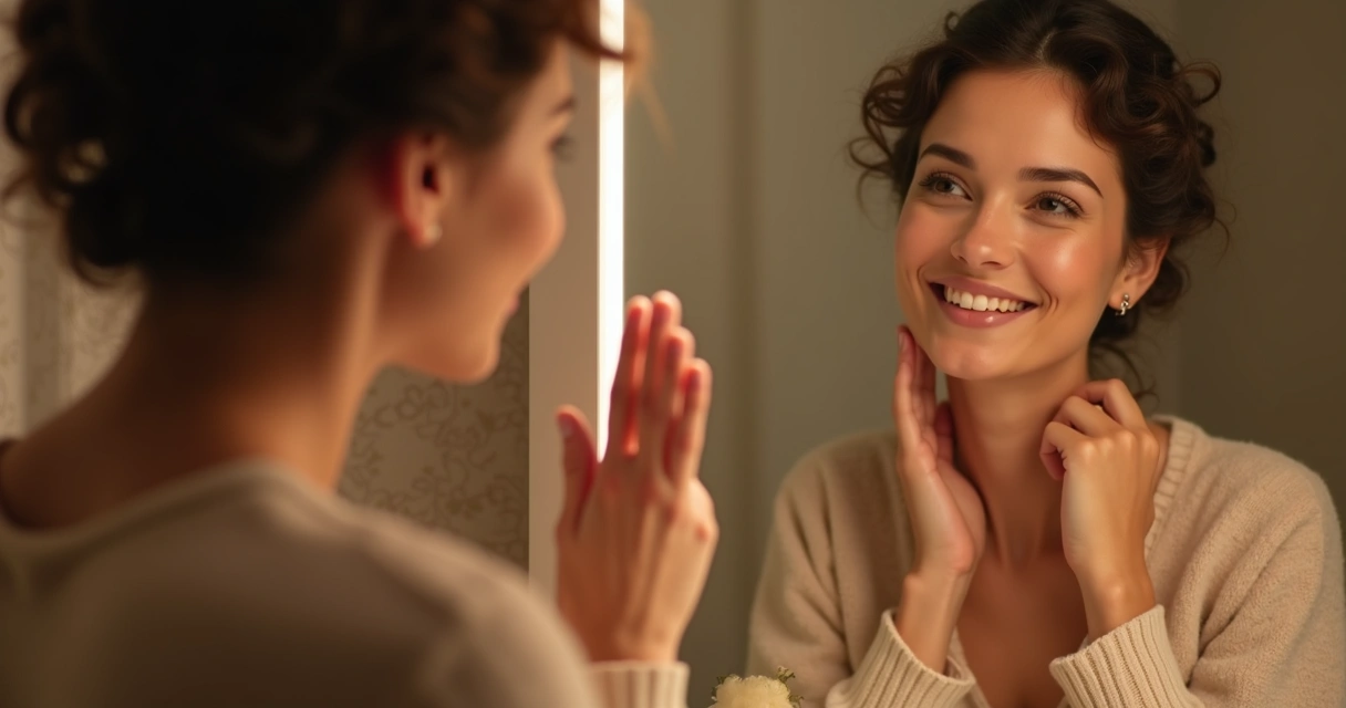 Pessoa olhando para o próprio reflexo em um espelho, expressão tranquila e ambiente acolhedor