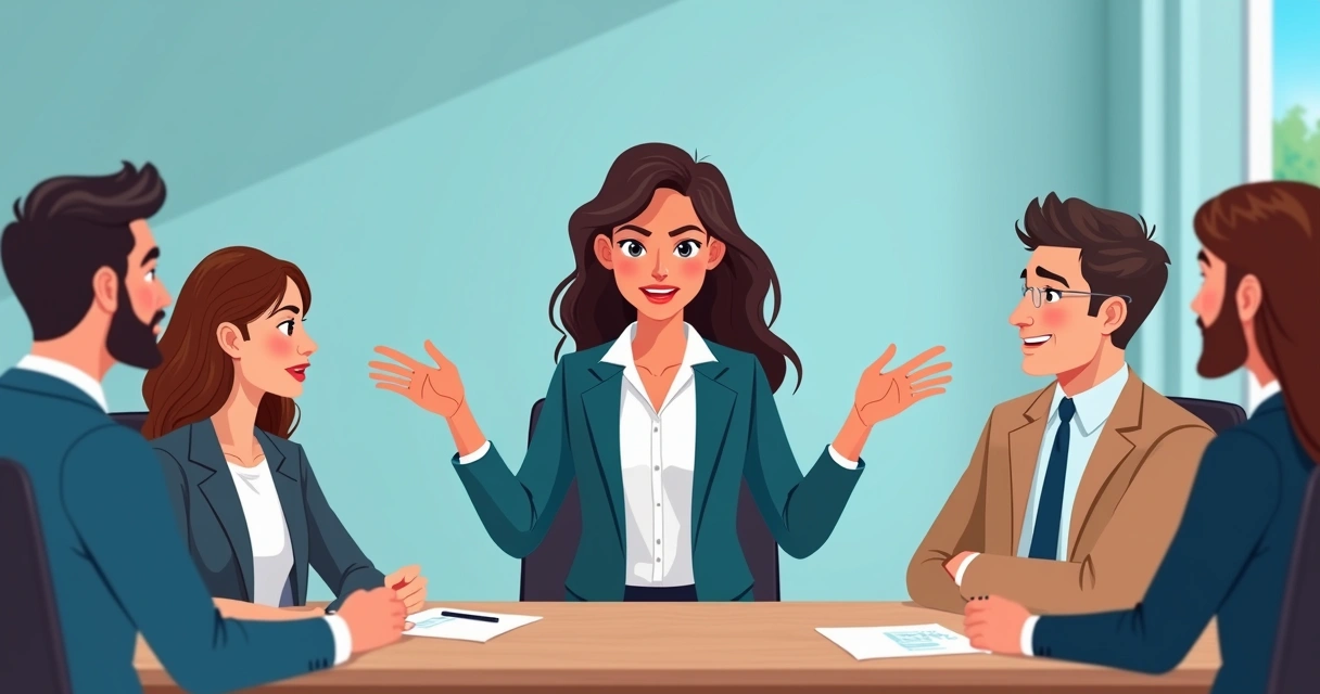 Pessoa falando com calma em reunião de trabalho 