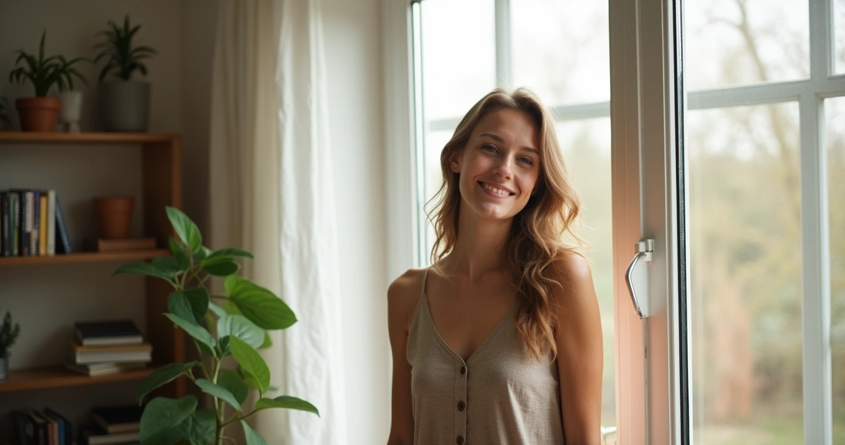 Joven sonriente de pie junto a una ventana con luz natural