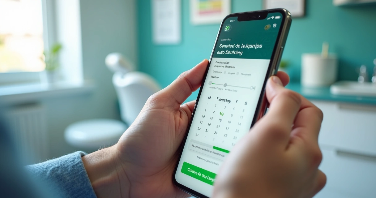 Paciente usando smartphone para autoagendar consulta odontológica pelo WhatsApp, interface com horários disponíveis na tela 