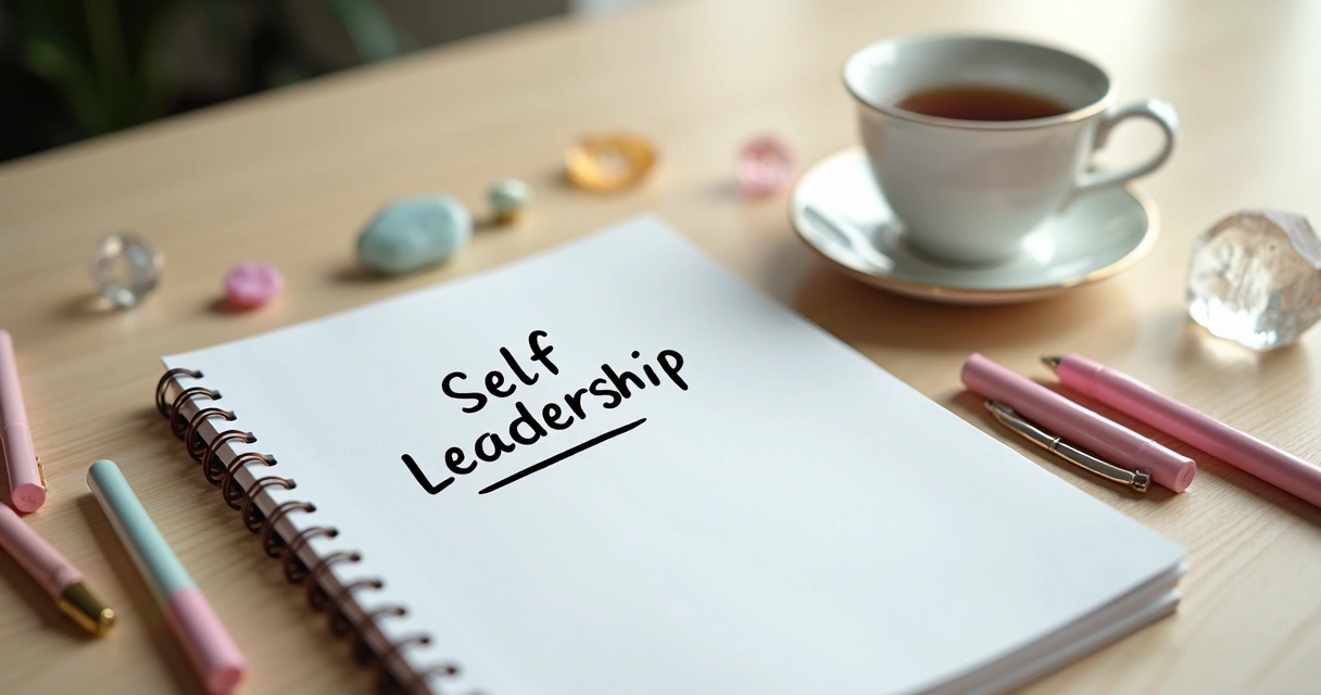 Caderno aberto com anotações sobre autoliderança, ao lado de uma xícara de chá 