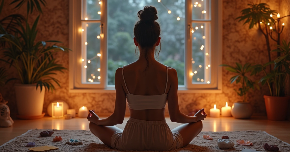 Pessoa sentada meditando em ambiente esotérico cercado de luzes e cristais