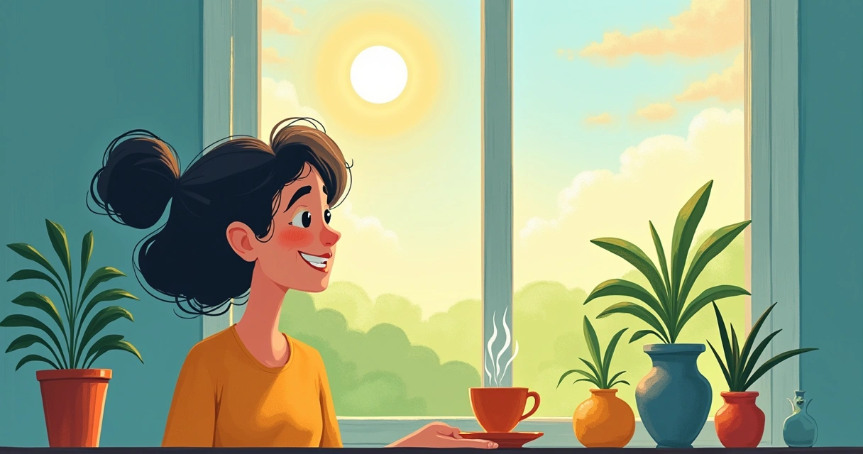 Ilustração de uma pessoa elogiando-se no espelho, cercada de elementos de autoamor em um ambiente sereno.