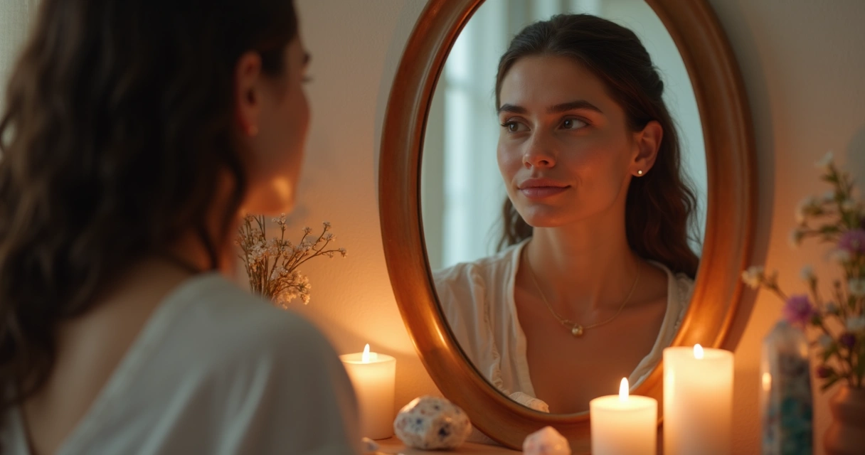 Mulher olhando para o próprio reflexo no espelho, expressão serena, ambiente iluminado 