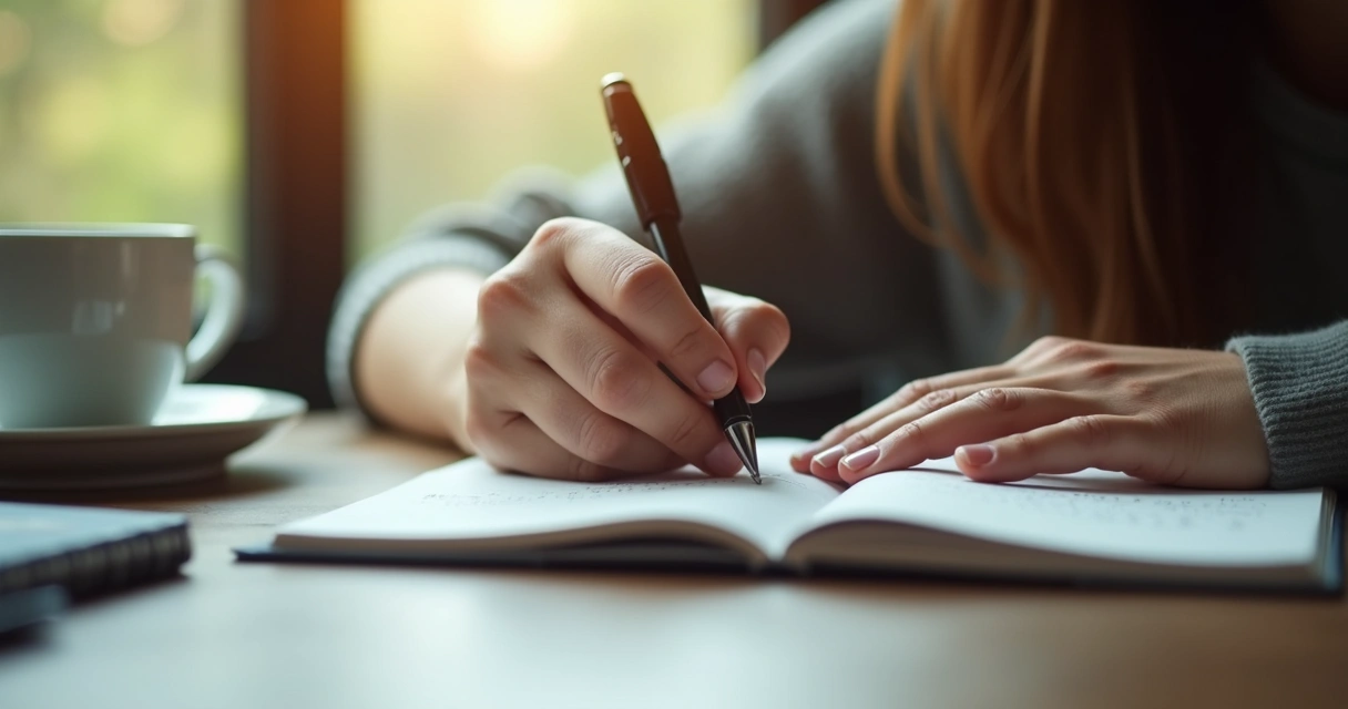 Pessoa fazendo anotações em um caderno durante um momento de autoanálise 