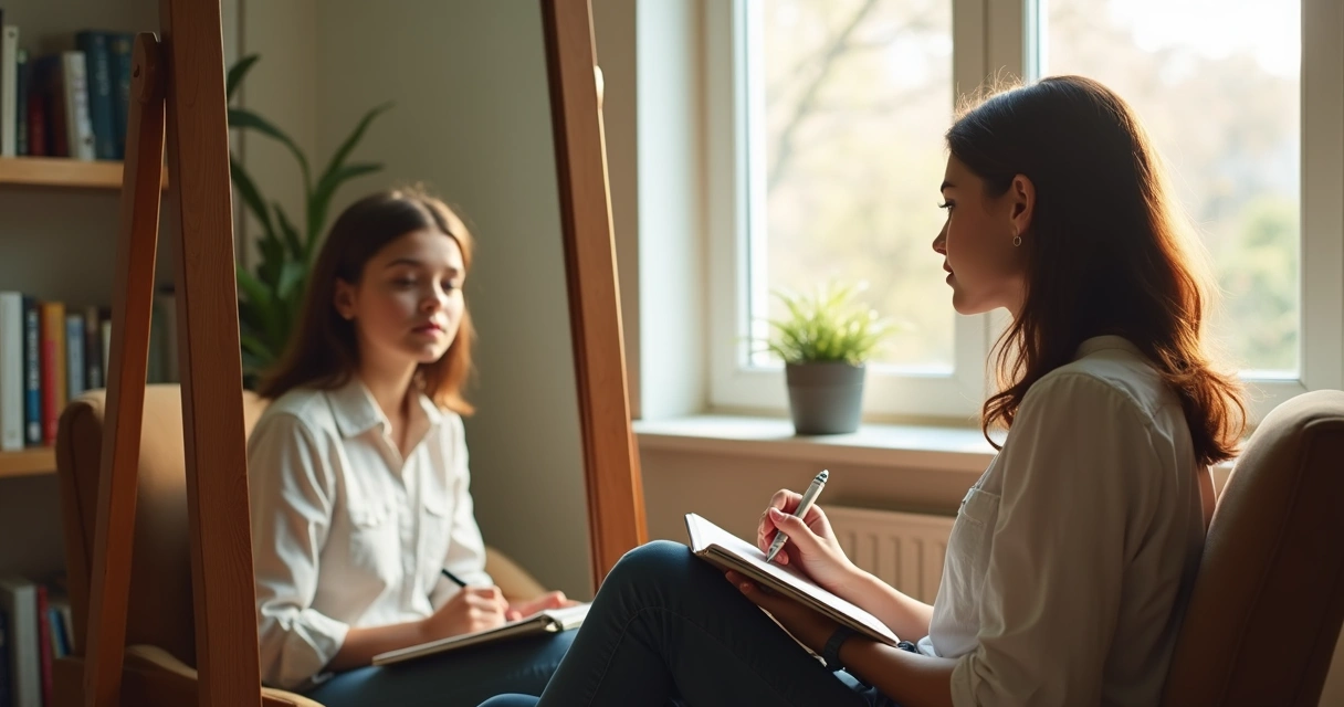 Pessoa refletindo diante do espelho com expressão pensativa 