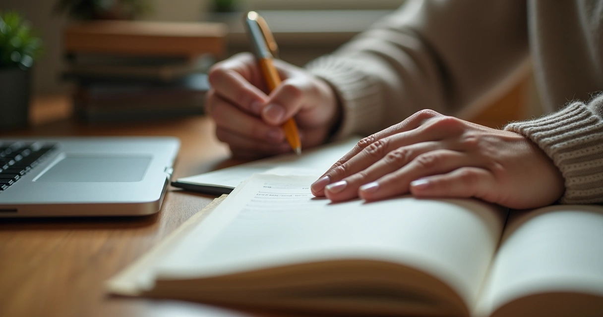 Pessoa escrevendo em caderno aberto com caneta, ambiente iluminado e tranquilo