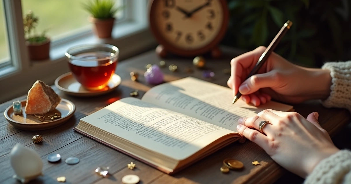 Pessoa escrevendo em diário de autoconhecimento com símbolos astrológicos ao redor 