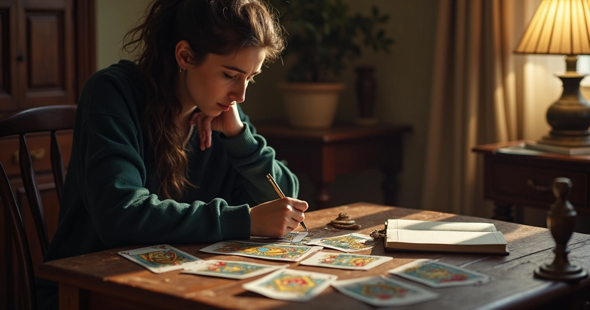 Pessoa refletindo ao analisar cartas de tarot 