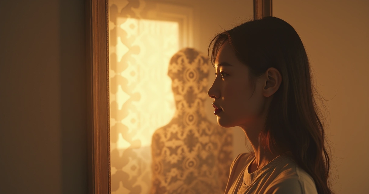 Pessoa refletindo em frente ao espelho sobre padrões repetitivos 