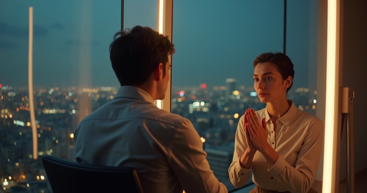 Pessoa refletindo diante de um espelho, expressando dúvida e introspecção 