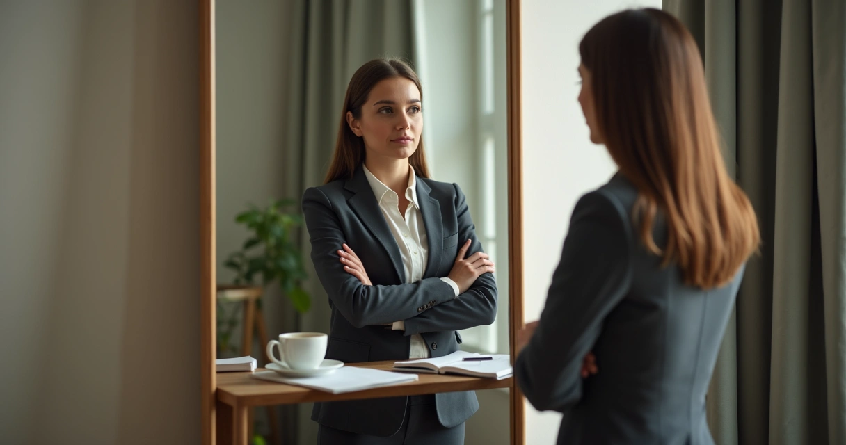 Mulher olhando para si mesma no espelho, em autoanálise